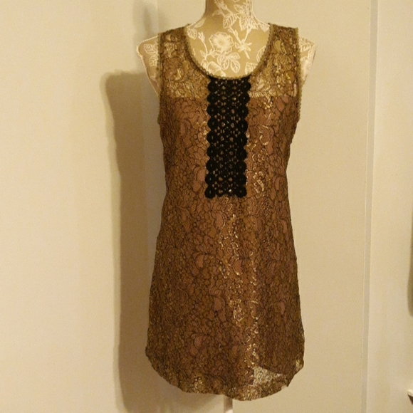 C. Luce Dress Womens M Bronze/Metallic Black Lace Sleeveless Sheer Lightweight - Picture 4 of 5